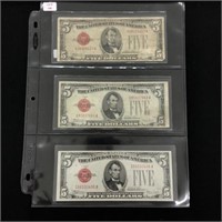 Three 1928 E $5 U.S. Notes