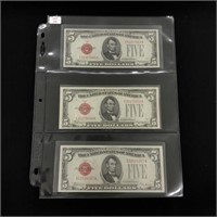 Three 1928 $5 U.S. Notes