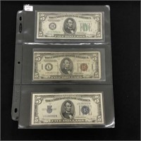 Three 1934 $5 US Federal Reserve Notes