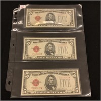 Three 1928 F $5 U.S. Notes