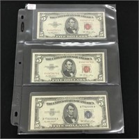 Three 1953 $5 US Bills