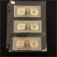Three $1 US Silver Certificates
