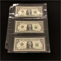Three 1969 D $1 US Federal Reserve Notes