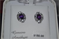 Amethyst and White Sapphire Earrings Sterling .5"
