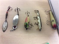 5 Vintage fishing Lures -some wooden