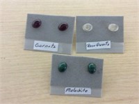 3 pair stud earrings - malachite, rose quartz