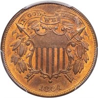 2C 1864 SMALL MOTTO. PCGS MS64+ RB CAC