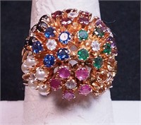 Yellow gold cocktail ring with diamonds, rubies,