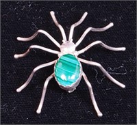 Silver spider pin with malachite stone,