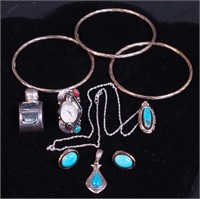 Group of silver and turquoise jewelry,
