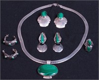 Group of silver and malachite jewelry some are