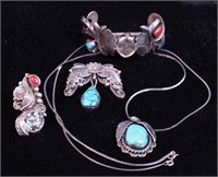 Group of silver, coral and turquoise jewelry,