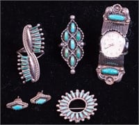 Six pieces Indian silver and turquoise jewelry