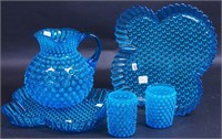 Two blue hobnail water pitcher trays, 12 1/2";
