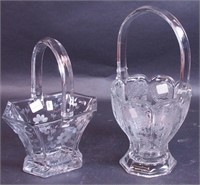 Two Heisey clear glass etched baskets: one