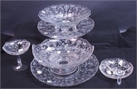 Six pieces of Rosepoint by Cambridge glass