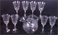 Nine pieces of Rosepoint by Cambridge glass: