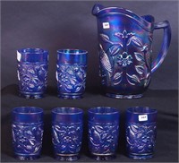 Reproduction seven-piece blue carnival glass