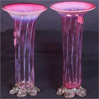 A pair of 10" ruby glass vases with opalescent