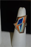 AY Sterling Lapis Turquoise Coral Inlay 6.5