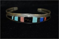 Signed TB Coral/Lapis/Onyx/Turquiose Inlay Cuff