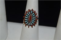 Petit Point Zuni Ring Coral Turquoise Size 7.25