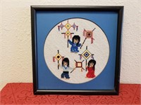 Framed Native American Children Cross Stitch Art