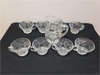8 Starburst Style Glass Cups with Matching Pitcher