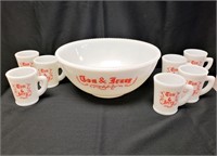 Antique Tom & Jerry Custard Glass Punch Bowl Mugs