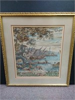 Framed Tapestry of Ships Along The Water