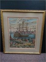Framed and Matted Tapestry of Ship In Harbor
