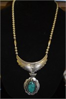 Signed Sterling Winged Pendant Necklace Turquoise