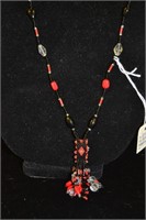 26" Beaded Necklace Fetish Black Red and Crystal