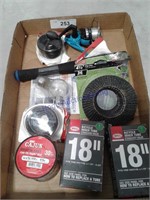Assorted hardware: fishing, wire, bike tube,