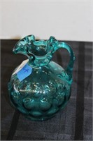 TEAL GLASS COIN DOT STYLE PITCHER RUFFLED SPOUT