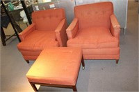 PAIR OF BAKER FURNITURE CHAIRS WITH OTTOMAN