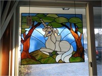 Stained glass panel with unicorn motif 25” x20”)