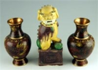 Pair of Cloisonné vases and Chinese foo dog