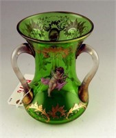 Victorian era emerald tri-handle vase with