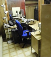 Office lot: desks, blue office chair, Identity