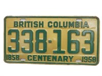 1958 BRITISH COLUMBIA CENTENARY LICENSE PLATE