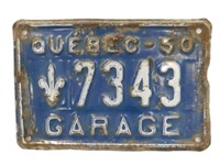 1950 QUEBEC GARAGE EMBOSSED METAL LICENSE PLATE