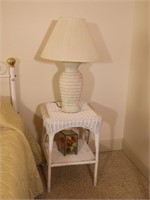 Two-Tier Wicker End Table with Lamp & Decor
