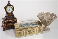 Jewelry Box Clock, Metal Tin Box & Scalloped Dish