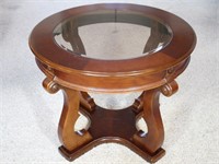 Round Wood End Table with Beveled Glass top