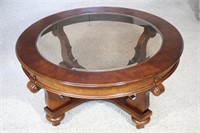 Round Wood Coffee Table with Beveled Glass Top