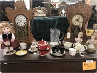 Antique Table, Gingerbread clocks & contents