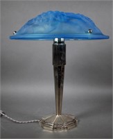 Silver Metal Art Deco Lamp Frosted Glass Shade