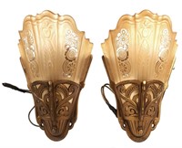 Pair Lightolier Art Deco Glass Gilt Wall Sconces