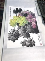 Chinese scroll with vivid color grapes, signed by